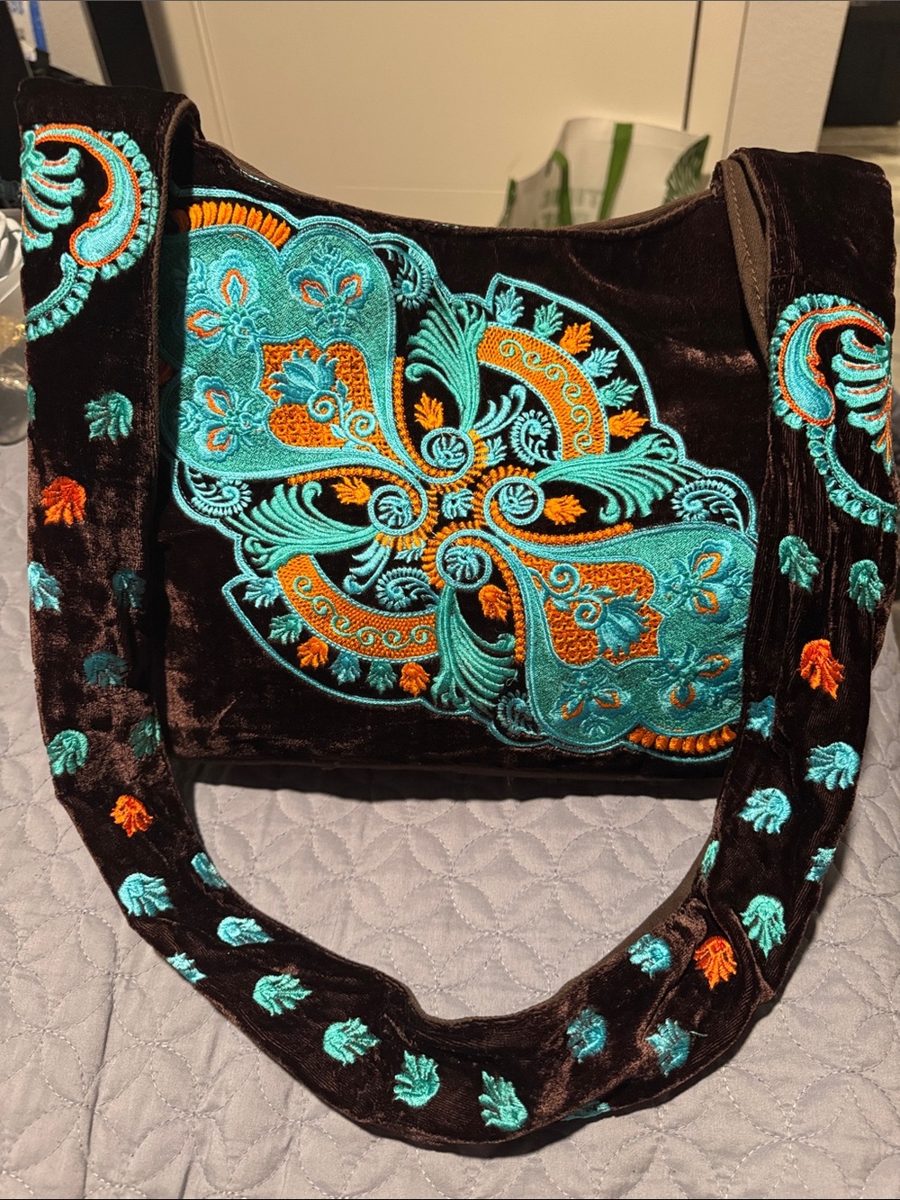 Embroidered Velvet Shoulder Bag - Turquoise & Orange on Black